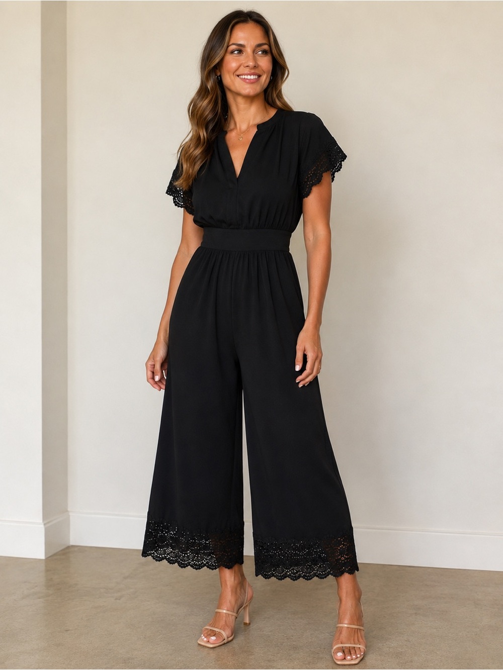 Entro Black Rayon Cropped Wide Leg V-Neck Casual Jumpsuit with Lace Trim
